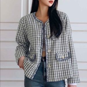 Tweed and Plaid Button Blazer Jacket